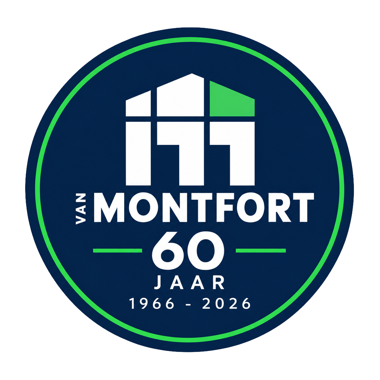 Logo rond 60 Transparant - van Montfort Round logo celebrating Van Montfort’s 60th anniversary (1966–2026) with white typography on a dark blue background and a green ring.